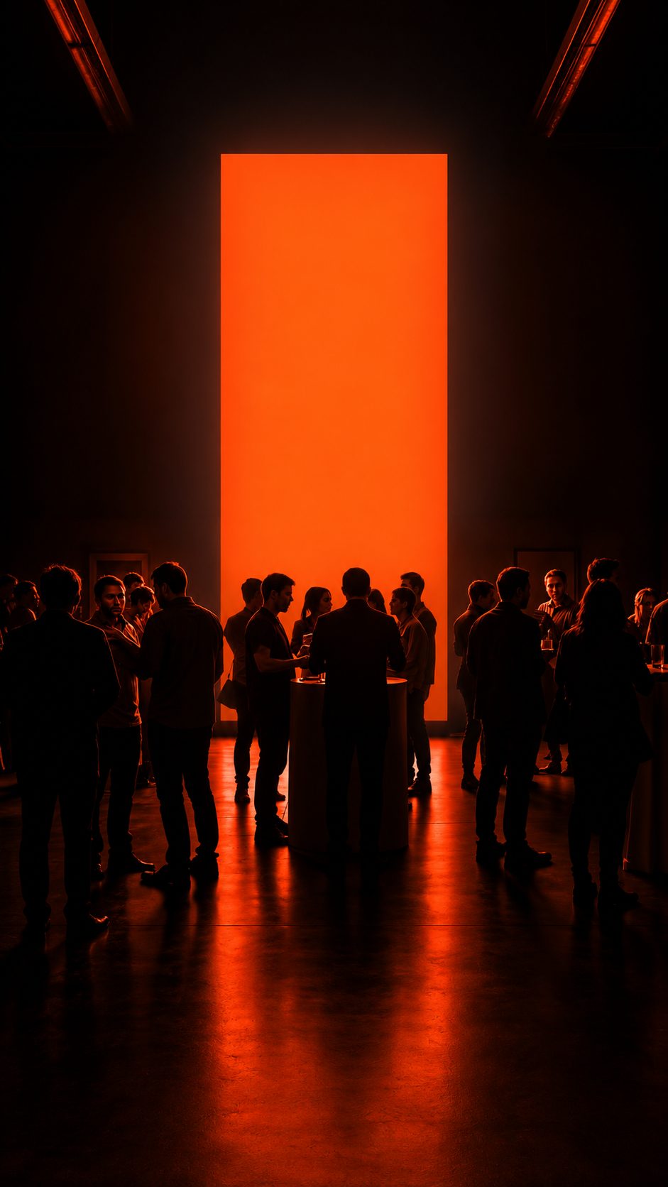 Concept render, a wall of red light with guests in silhouette