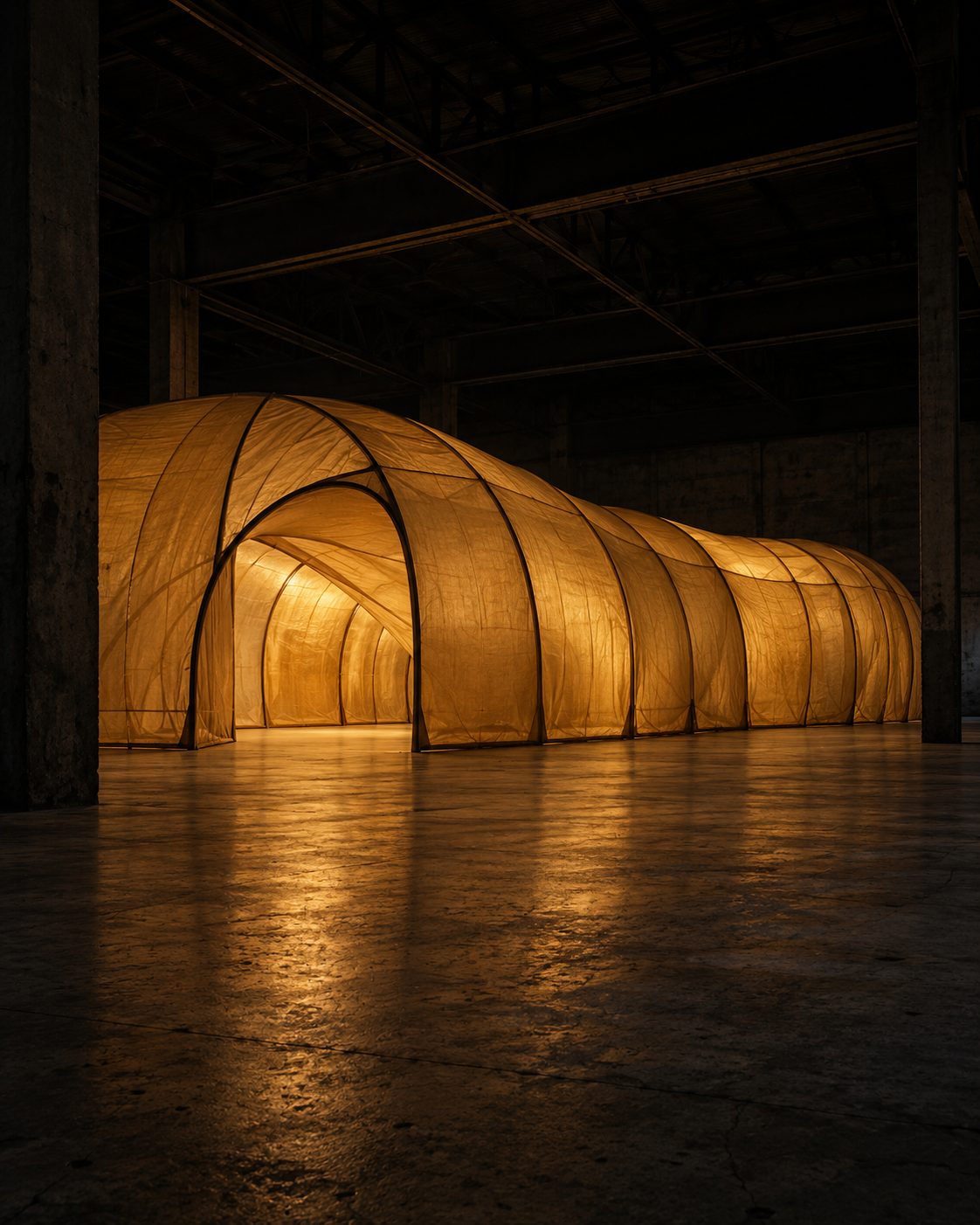 Concept render, a lit tunnel structure in a dark warehouse