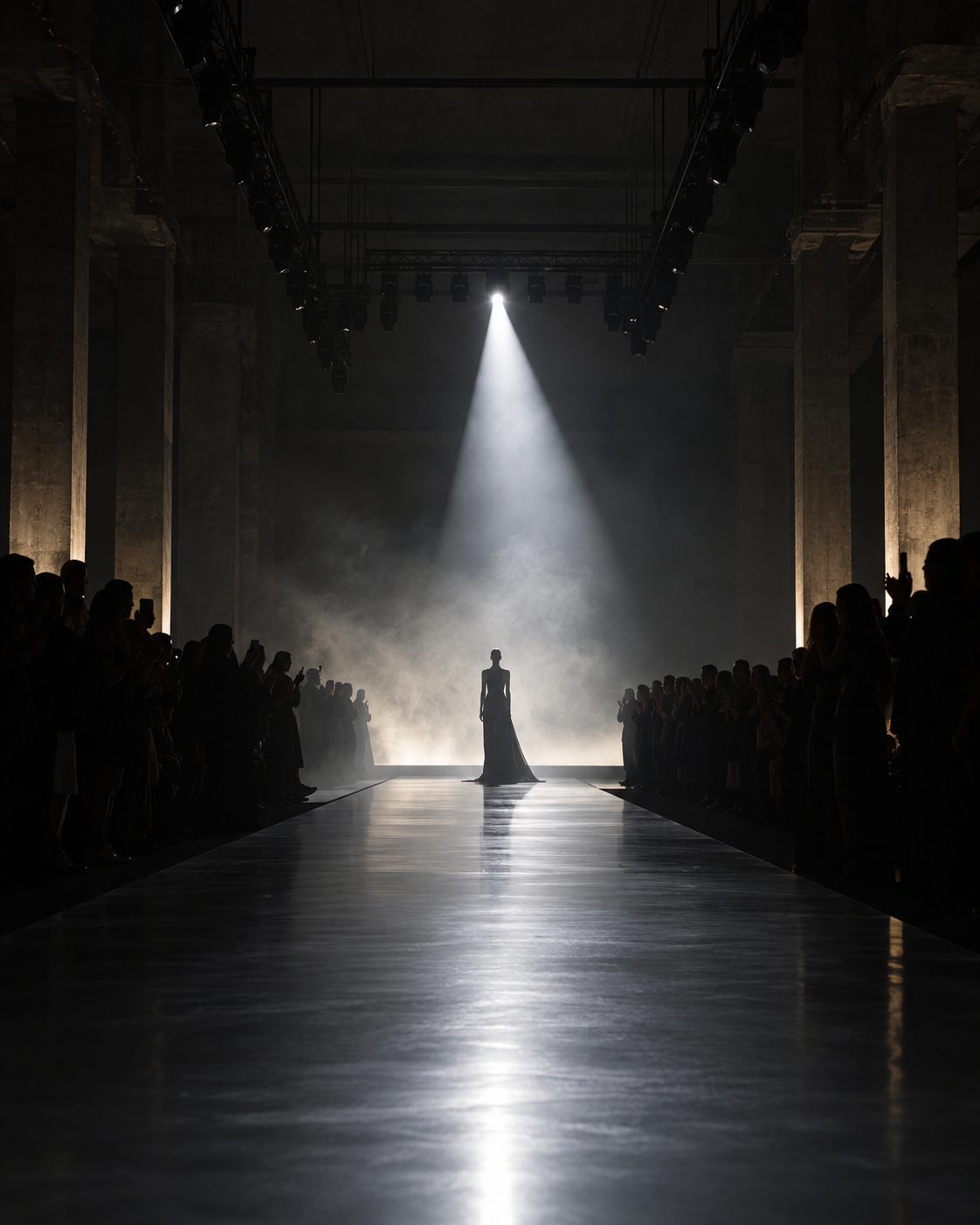Concept render, a figure on a runway under a single spotlight