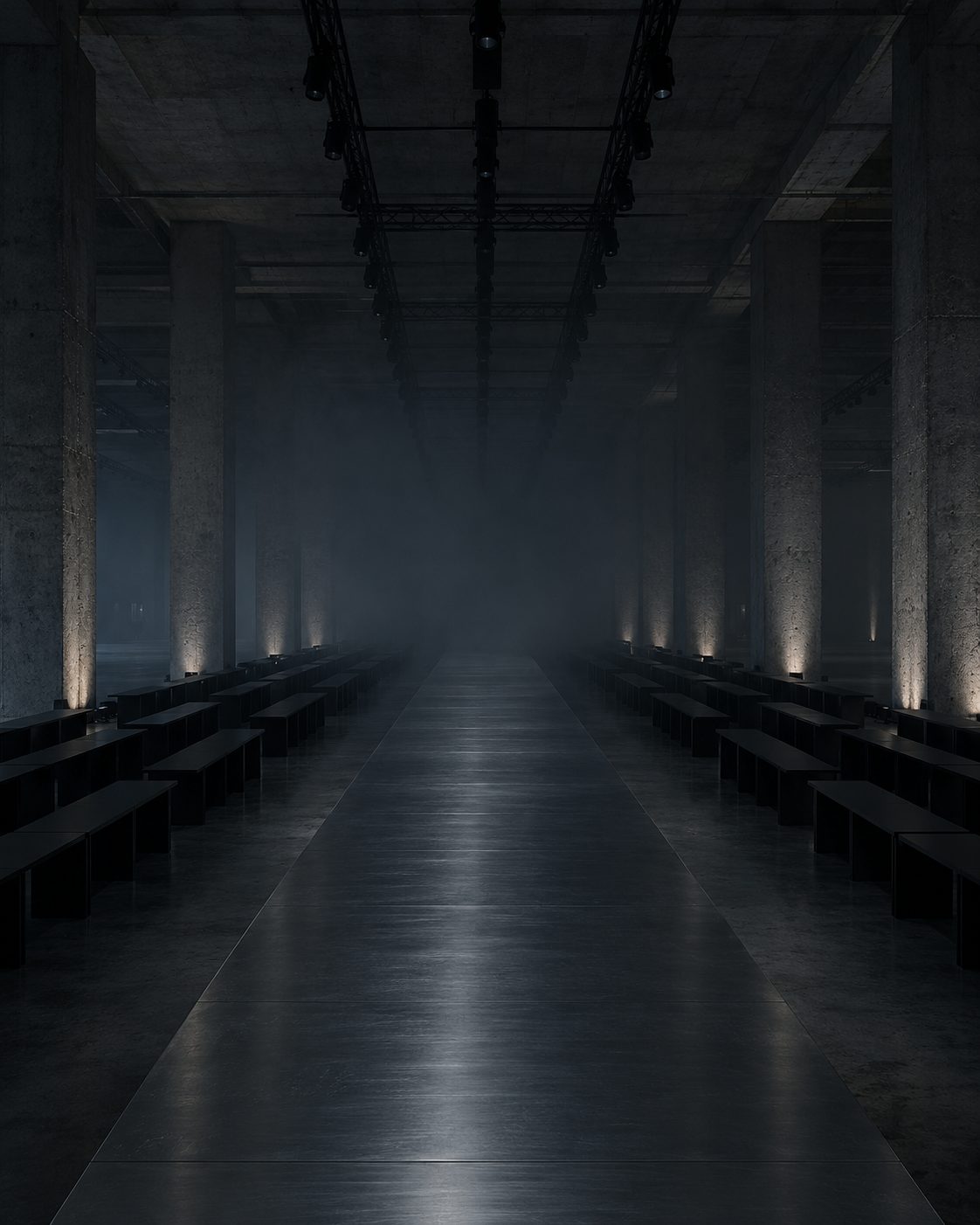 Concept render, a runway between benches in a dark hall