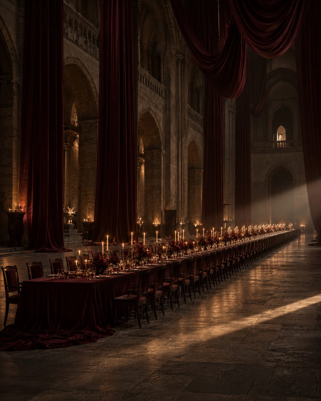 Concept render, a long candlelit table in a dark hall