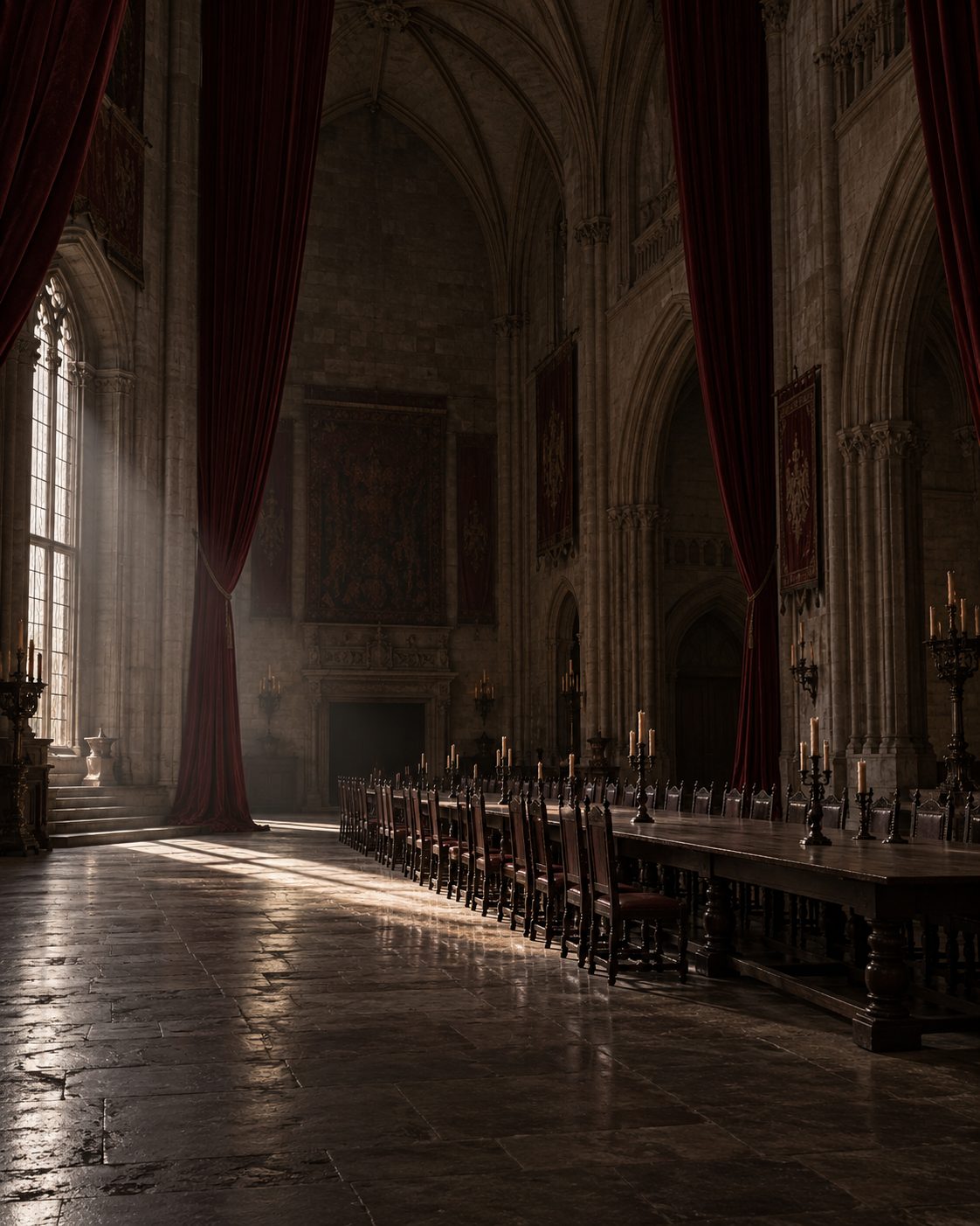 Concept render, long tables under light shafts in a stone hall