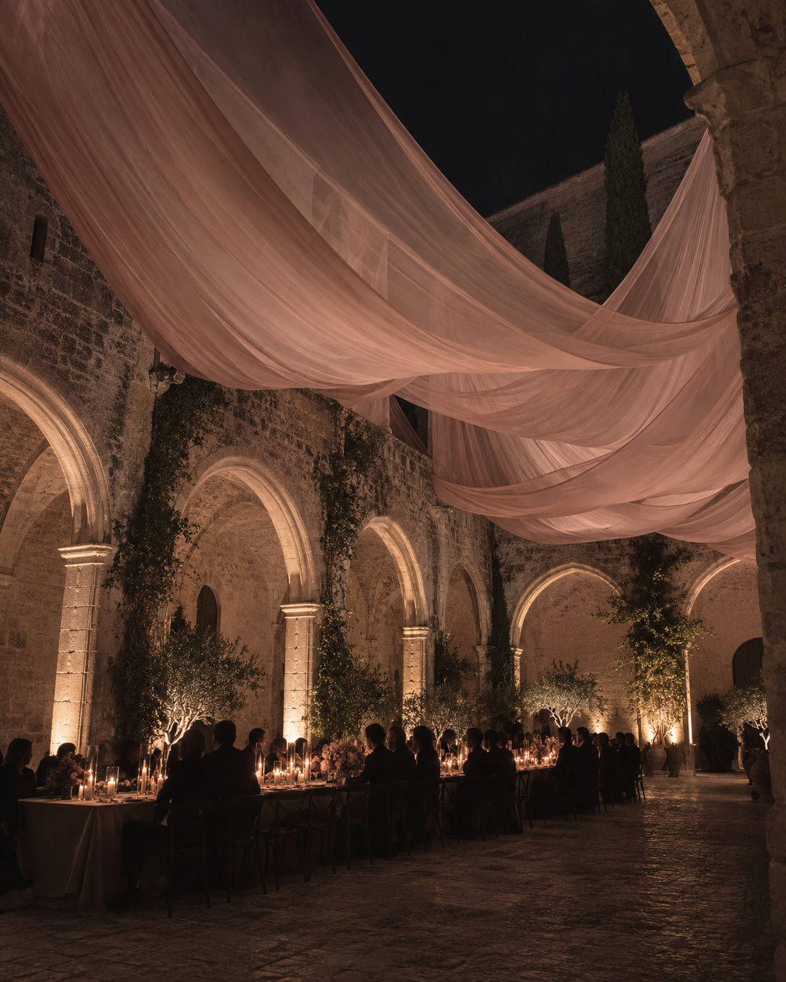 Rendu de concept, un dîner aux chandelles sous un ciel de tissu