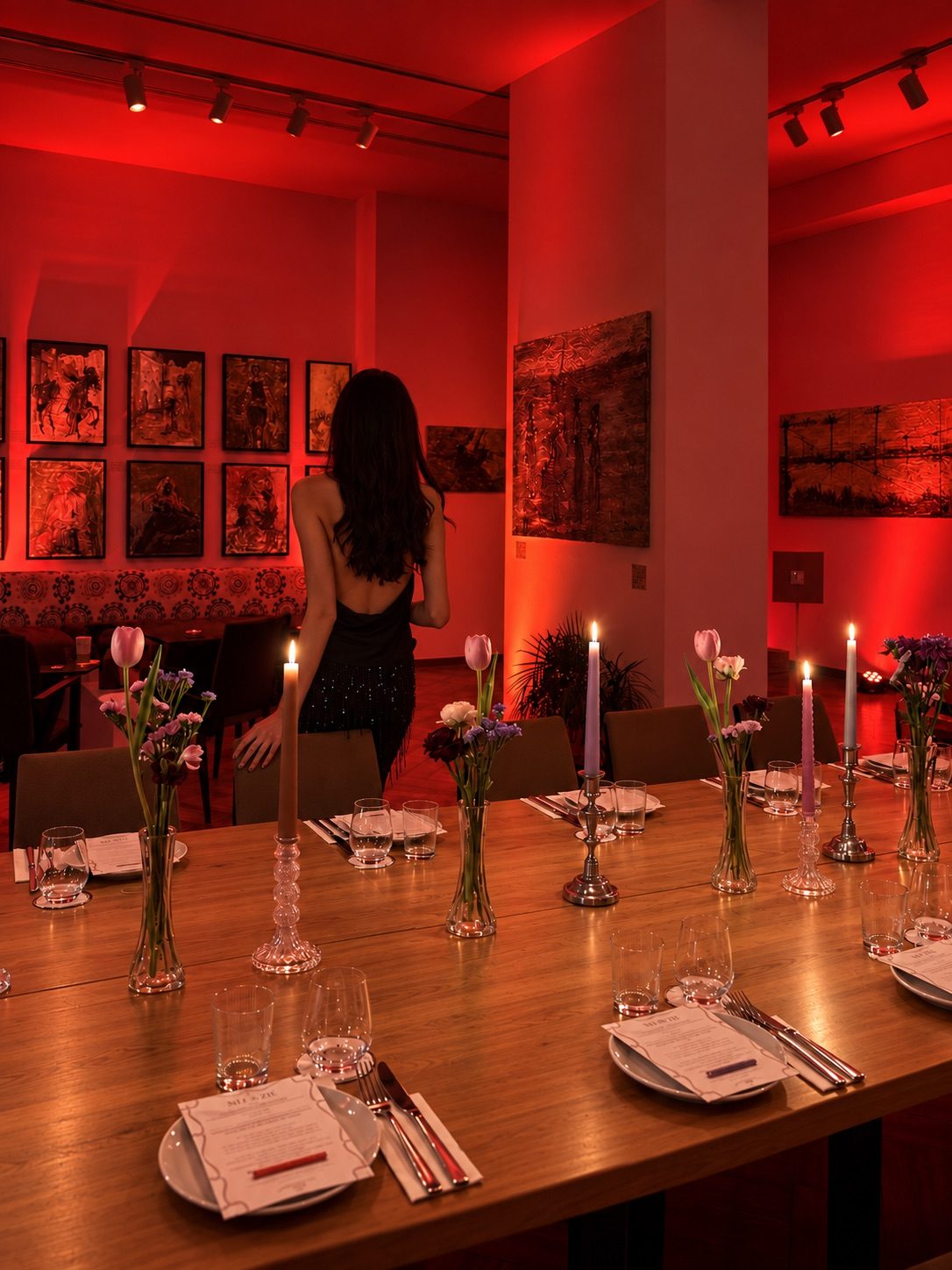 Un dîner privé à la Galerie Cheriff Tabet, Beyrouth, sous lumière rouge : une longue table dressée avec bougies et fleurs