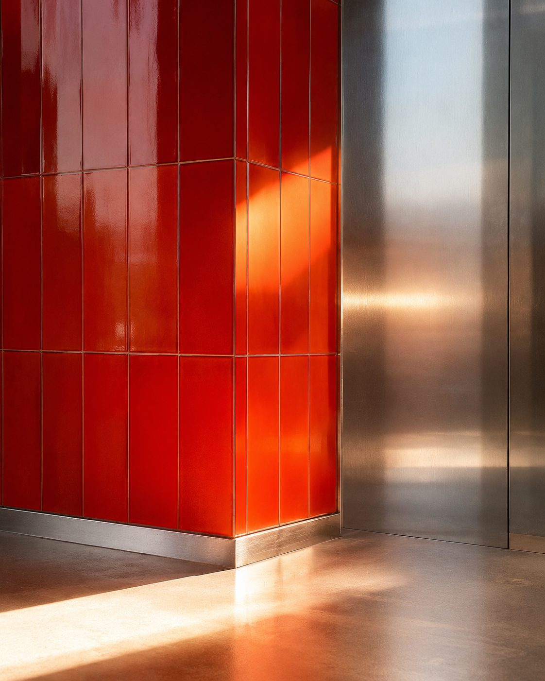 Concept render, a wall of red fluted glass catching the light