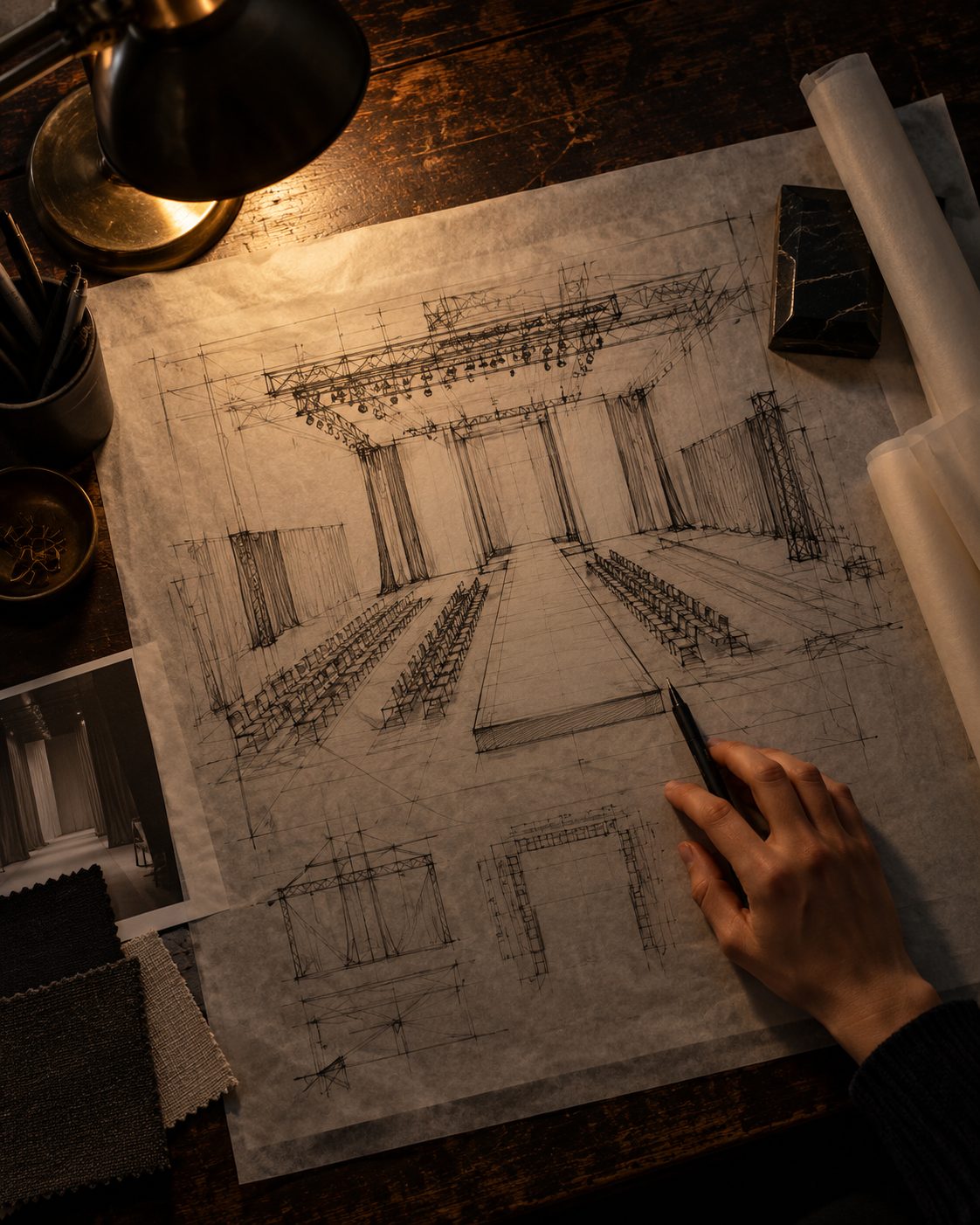 Concept render, a hand drawing a stage plan
