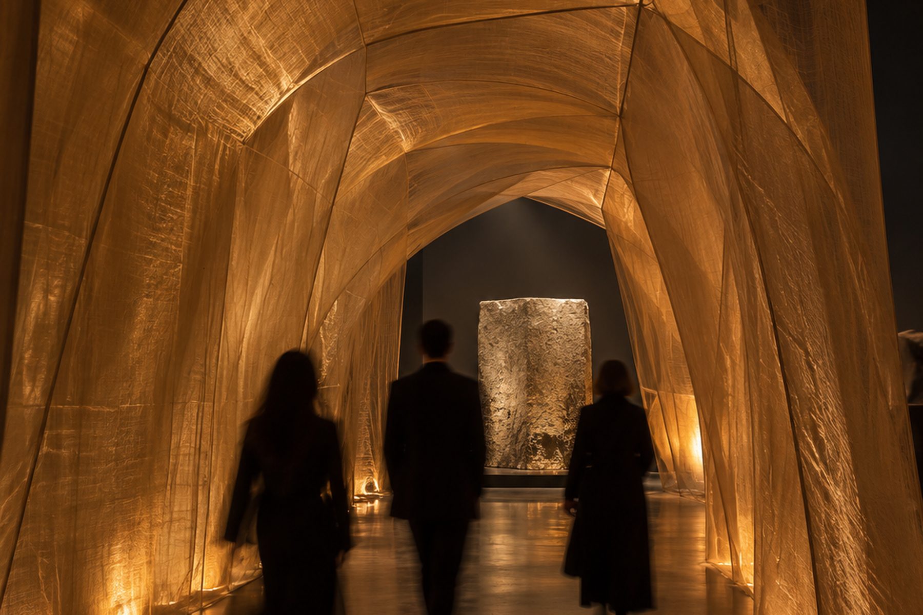 Concept render, a lit linen vault with guests walking through