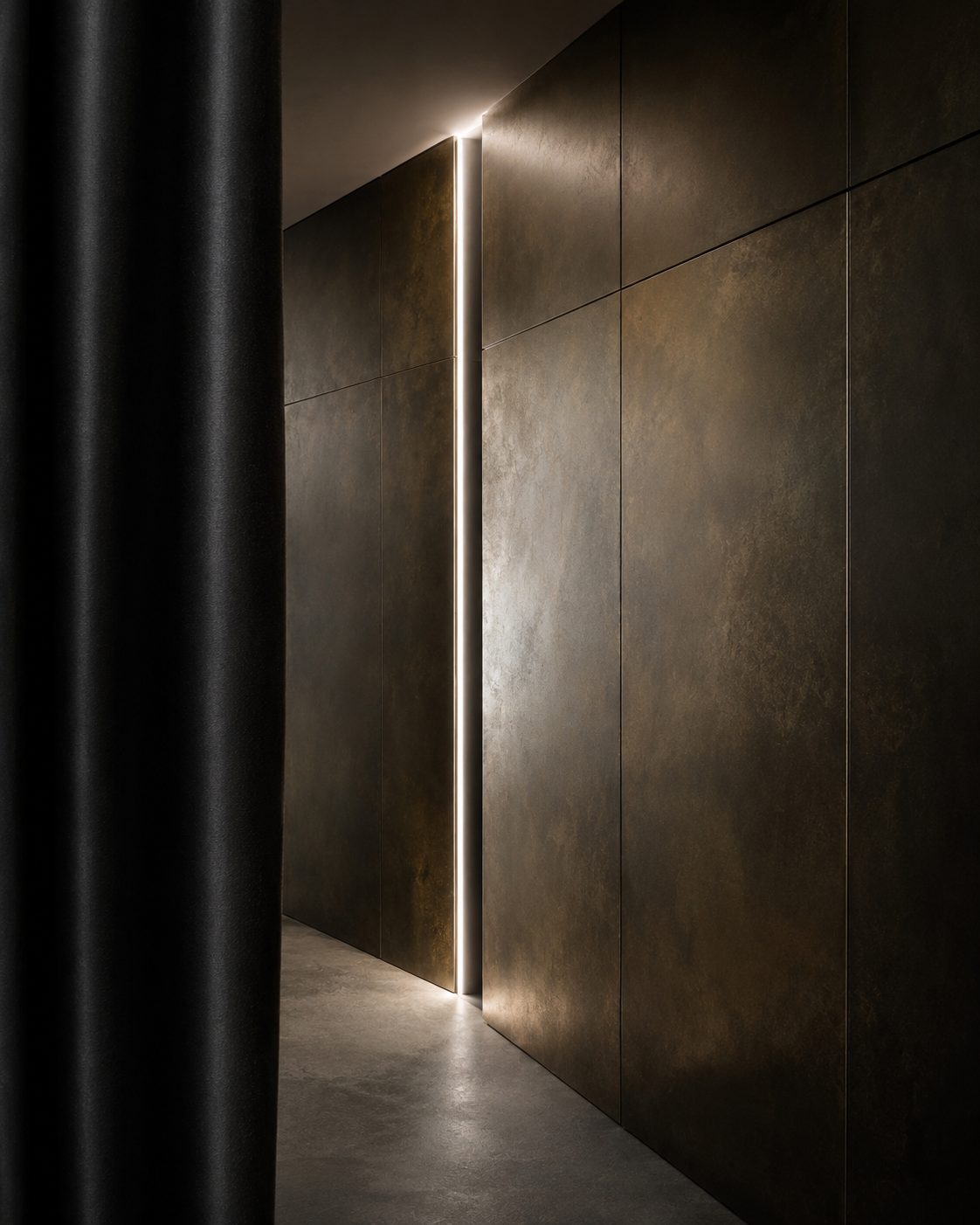 Concept render, a dark salon with a vertical slit of warm light