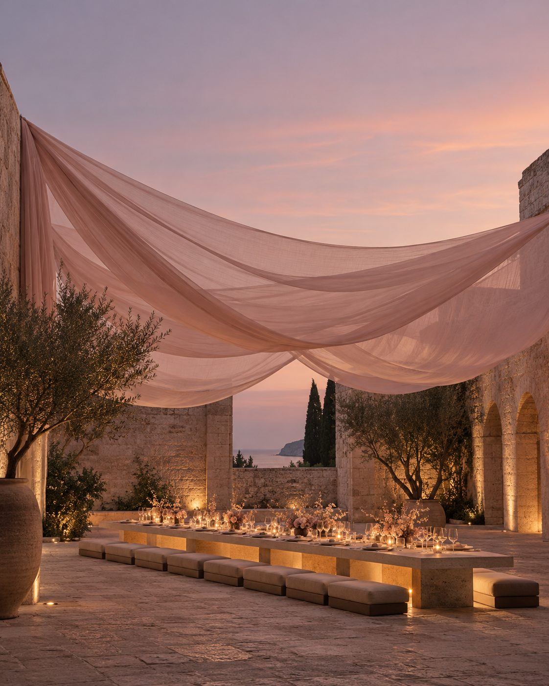 Concept render, a long dinner table under a draped canopy at dusk