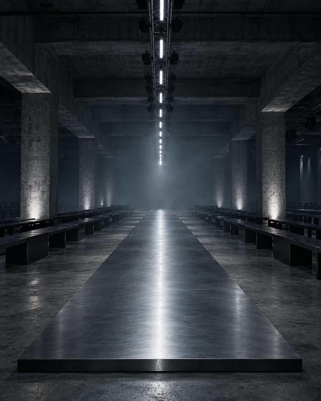 Concept render, an empty runway lit by a line of light